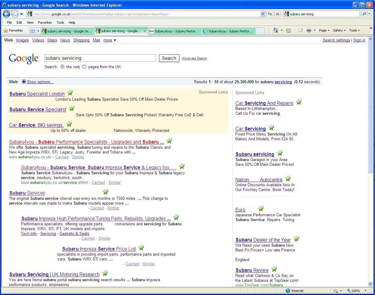 Subaru Website in Google UK Results